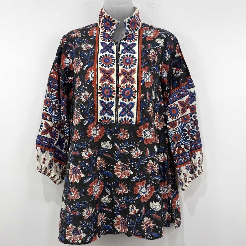 Sue Sartor Top M Tunic Boho Artsy Cottagecore Earthy Popover Floral Lagenlook